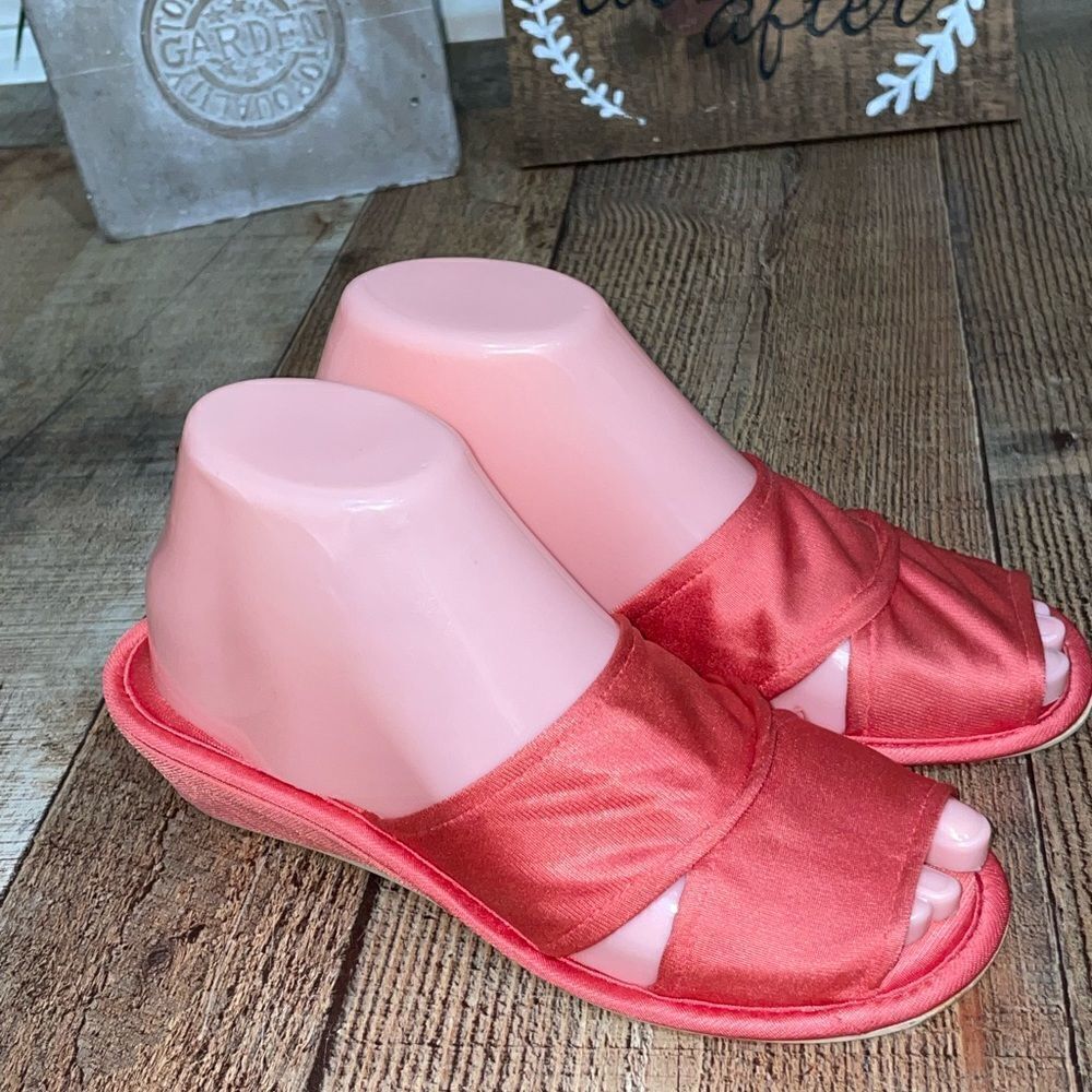 Vanity Fair Vintage Nylon Satin Peep Toe Slippers 5/6 Coral Boudoir